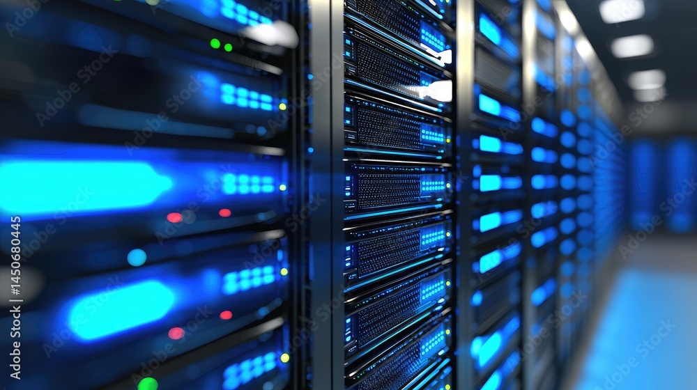 Poster glowing server aisle in high-tech interior design, suitable for virtual platform visuals, system saf
