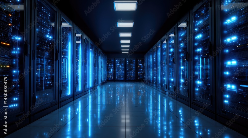 Poster Cybersecure server room with cool tones and sleek hardware layout, ideal for data-driven branding, cloud hosting, and advanced networks
