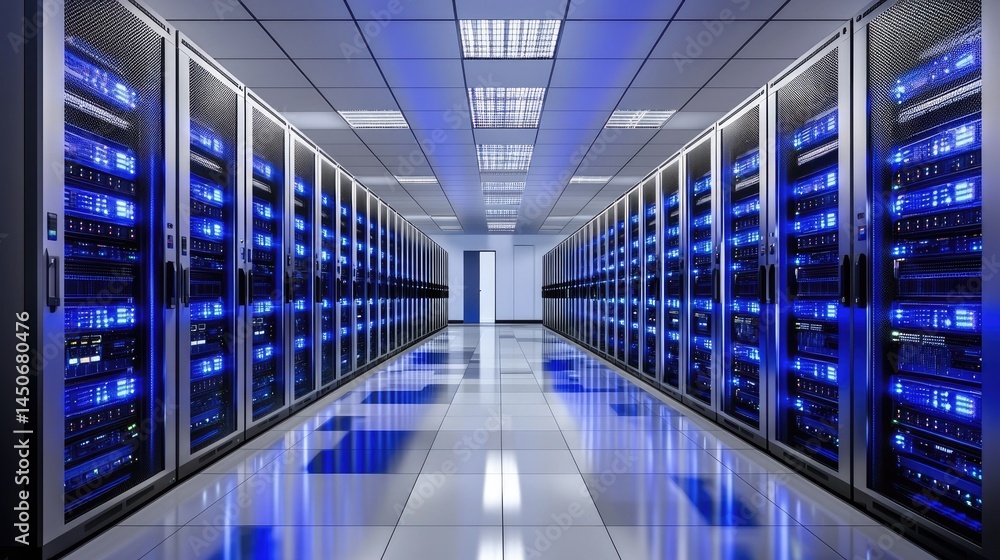 Poster Futuristic IT environment with ambient server lights and structural order, ideal for technology strategy, analytics, and secure computing