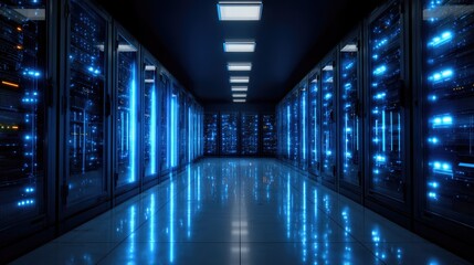 Fototapeta premium Cybersecure server room with cool tones and sleek hardware layout, ideal for data-driven branding, cloud hosting, and advanced networks