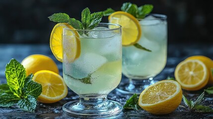 Refreshing lemonade with ice, lemon, and mint leaves