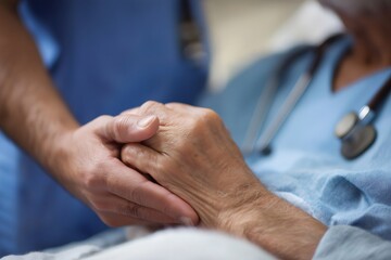 Obraz premium Close up of a nurse's hand gently holding the hand of an elderly patient, offering reassurance and empathy in a medical setting