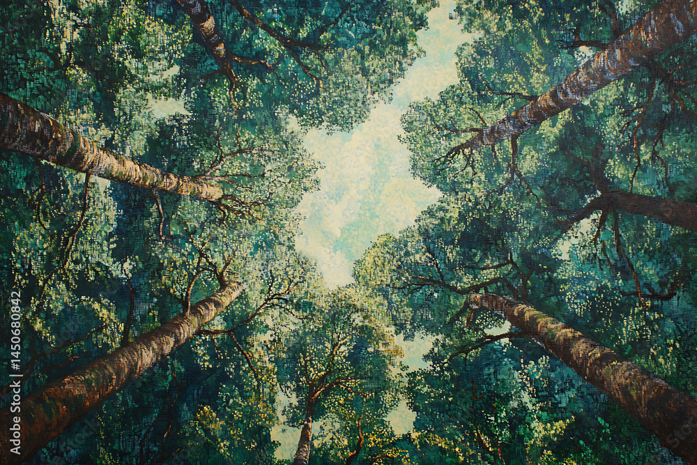 Poster a view looking up through tall trees with green leaves to a bright sky with light clouds above them 