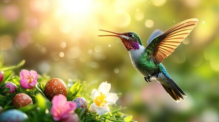 Fototapeta premium A hummingbird flying near easter eggs and flowers in a bright and colorful garden scene