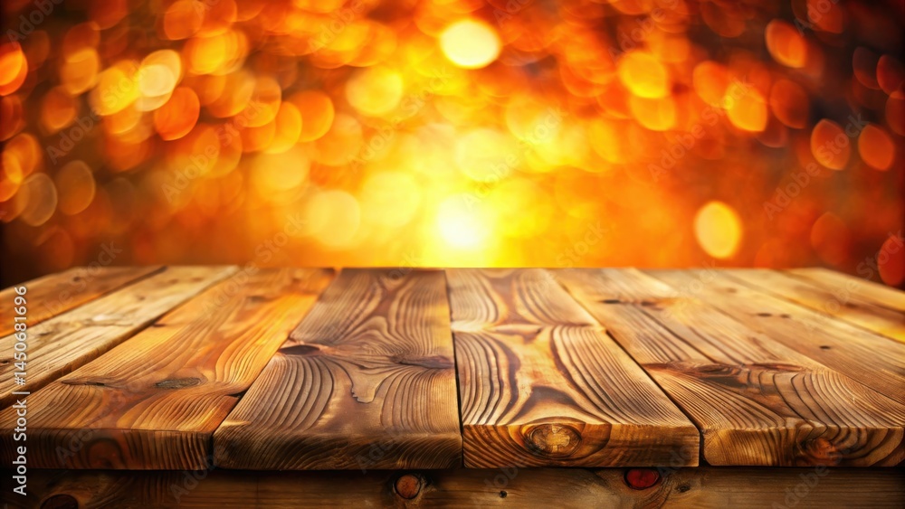 Leinwandbilder rustic wooden table with a blurred bokeh backdrop of warm, golden hues, perfect for showcasing produ