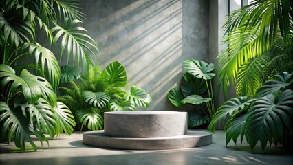 Obraz premium A Stone Platform Nestled Amidst Lush Tropical Foliage, Bathed in Soft Sunlight Streaming Through an Open Wall