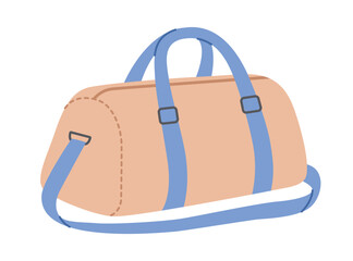 Beige sports bag with blue handles and strap. Duffel bag for training and fitness. Gym accessory. Sport equipment. Handbag for travel and trips. Vector flat illustration isolated on white background