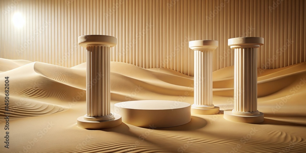 Poster a minimalist scene with a circular platform centered between three ancient pillars, all set against 