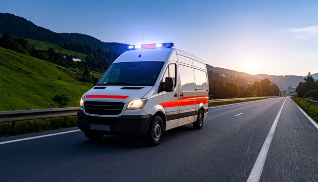 Una ambulancia avanza a toda velocidad por una carretera ancha, con la sirena sonando a toda velocidad y las luces brillantes destellando en el techo. Vibrantes marcas rojas y amarillas.
