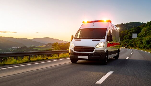 Una ambulancia avanza a toda velocidad por una carretera ancha, con la sirena sonando a toda velocidad y las luces brillantes destellando en el techo. Vibrantes marcas rojas y amarillas.