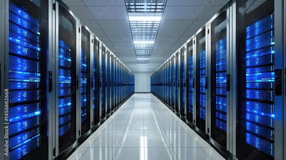 Poster digital server corridor rendered in cool lighting, perfect for futuristic themes in hosting, analyti