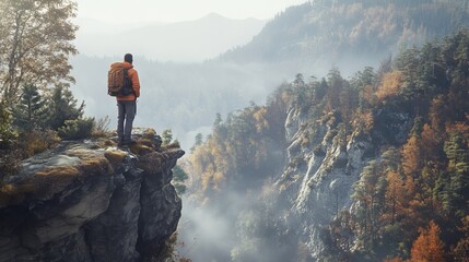 A person is hiking in the mountains during spring or fall. They're exploring the Lusatian Mountains, carrying a backpack and enjoying the view from a cliff. It's an adventure!

