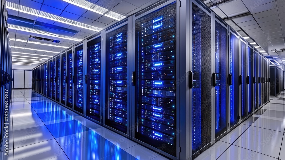 Poster Secure data room layout with advanced glowing panels, great for IT monitoring system advertisements, firewalled architecture, and cloud ads