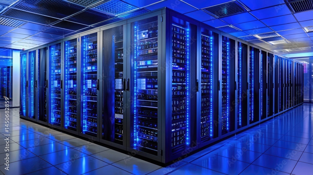Fototapete data tunnel with bright server lines and ambient neon blue, perfect for illustrating ai infrastructu