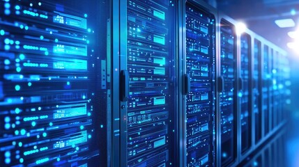 Naklejka premium Interior of cloud server farm with ambient blue glow, excellent for showcasing storage capacity, enterprise cloud services, and server control