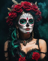 Day of the Dead makeup, intricate sugar skull face paint, vibrant red roses headdress, dark background
