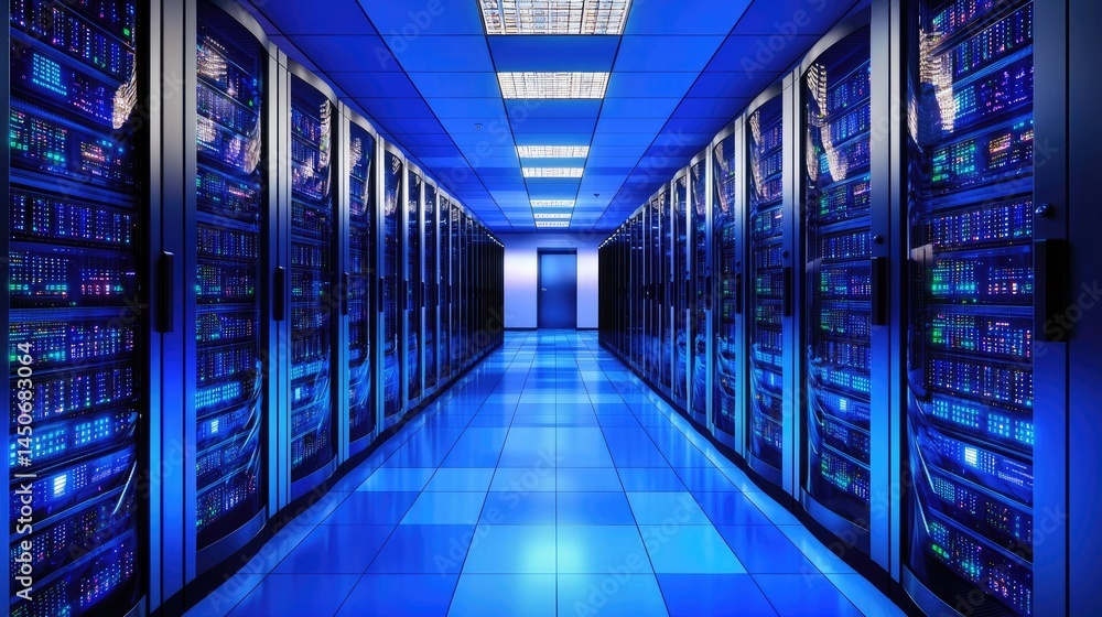 Fototapete Organized network server room with LED highlights and system arrangement, perfect for infrastructure solutions and enterprise hosting