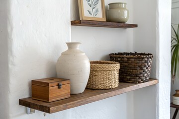 Small shelf with 3–4 decorative neutral objects on white wall