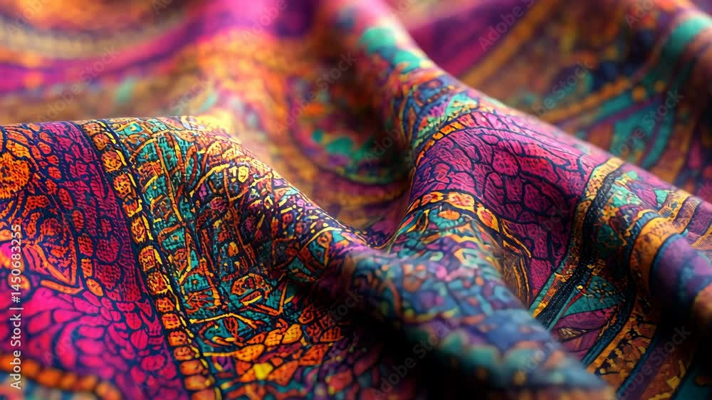 Poster vibrant fabric design unfolding in motion with colorful textile patterns
