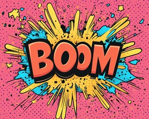 Vibrant pop art explosion, BOOM text in bold, explosive vector design, colorful, fun, dynamic graphics, comic effect