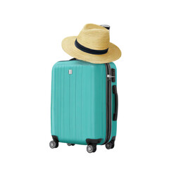 Travel suitcase with hat vacation luggage trip journey baggage summer on transparent background