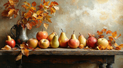 A still life featuring pears, apples, and autumn leaves arranged on a wooden table
