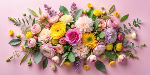 A vibrant arrangement of delicate pink, yellow, and purple flowers blooming amidst lush green foliage, creating a beautiful floral symphony on a soft pink background.