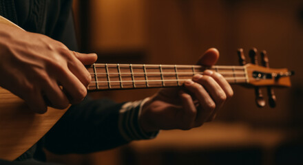 Hands playing traditional Georgian string instrument Panduri. Close up of musician performing folk music. Georgian culture and musical heritage concept.