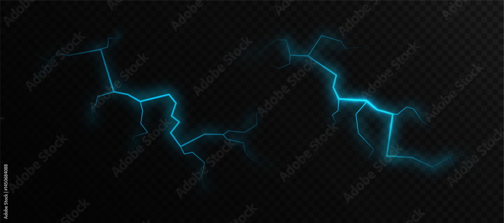Poster glowing blue lightning. blue glowing electric cracks with light effect. realistic lightning fracture