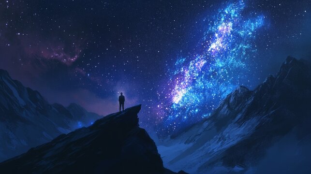 A person stands on a mountain under the bright, starry Milky Way. It's a beautiful night view of space and nature in the summer.
