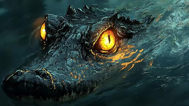 A close-up of a menacing alligator with glowing eyes emerging from dark waters, creating a suspenseful atmosphere