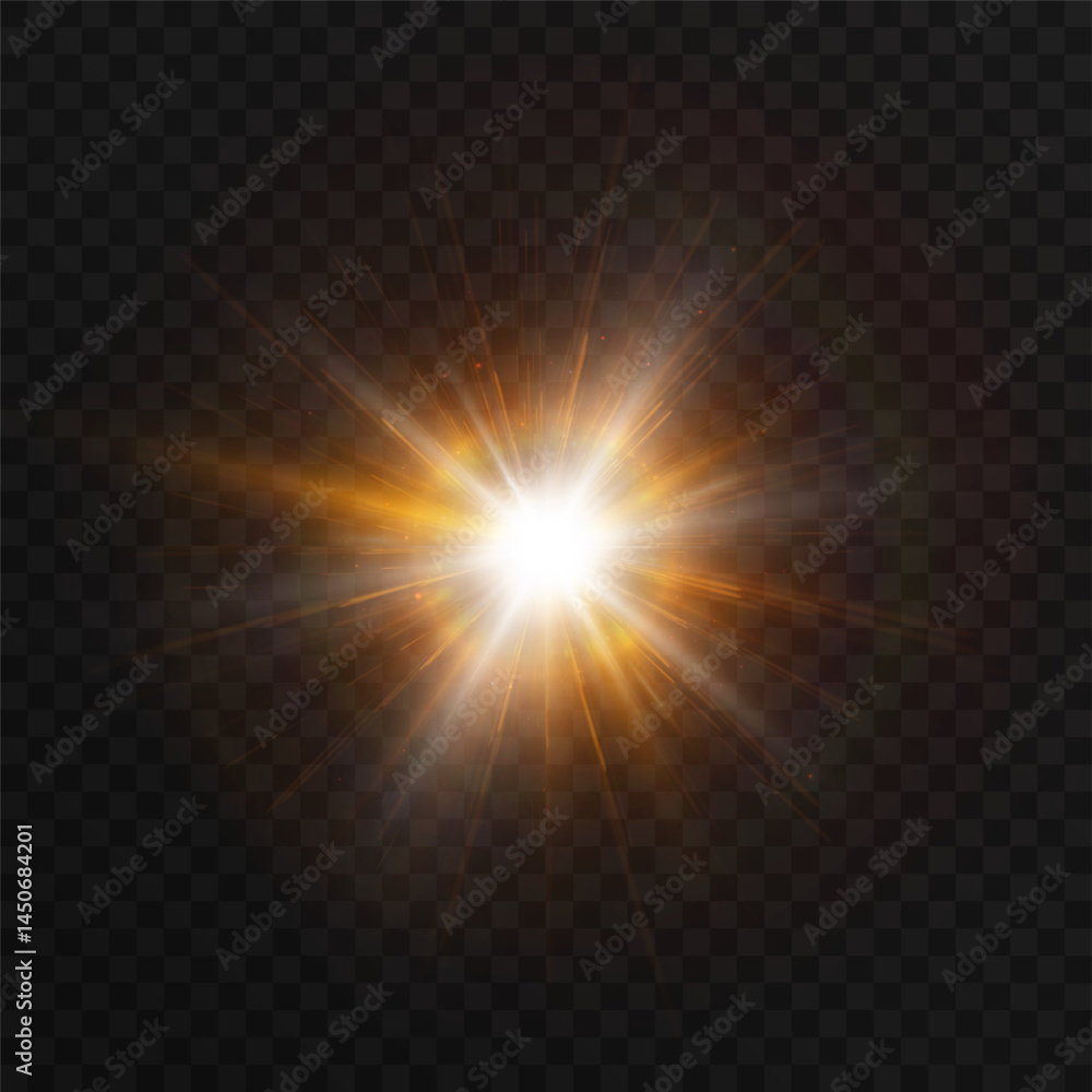 Poster golden burst of light with a bright central flare and diverging starry glow on a transparent backgro