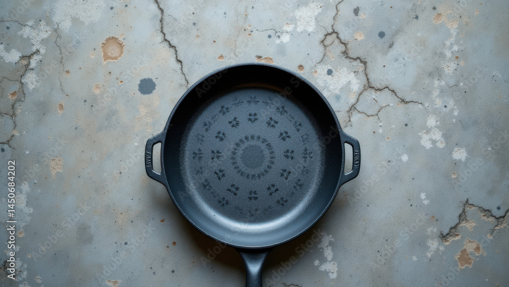 Poster black frying pan with speckled pattern on concrete surface.