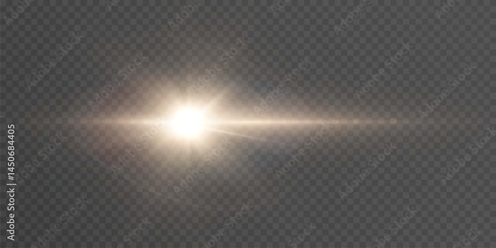 Poster golden burst of light with a bright central flare and diverging starry glow on a transparent backgro
