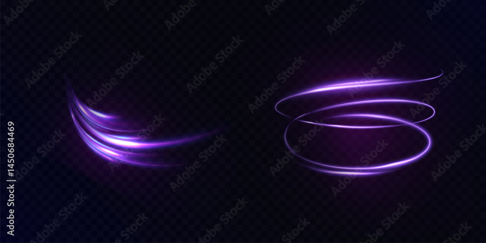 Poster set of glowing purple light swirls and curved trails on transparent dark background. light effect fo