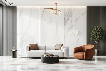 Modern living room with marble and wood accents.  