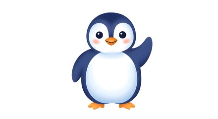 Obraz premium Cute Cartoon Penguin Waving on White Background for Graphic Design