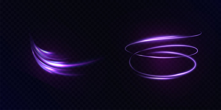 Set of glowing purple light swirls and curved trails on transparent dark background. Light effect for digital motion design, overlays and abstract energy effects.