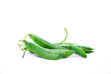 Fresh green pea pods isolated on a white background. Organic vegetables for healthy eating, vegetarian food, or natural product design.
