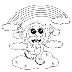 sun face cute character doodle line art vector with beautiful rainbow