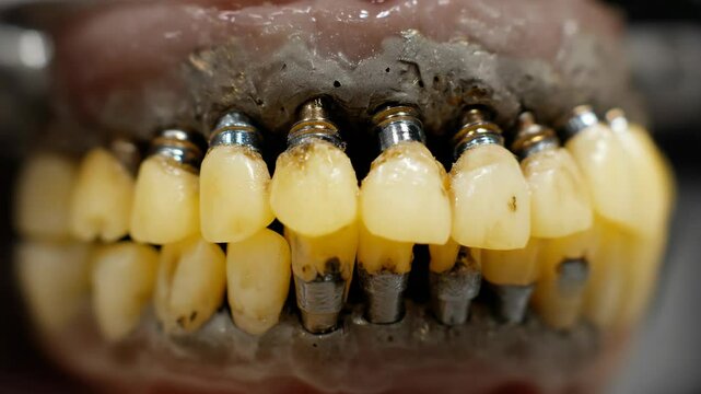 Close-up view showing installed dental implants with prosthetic teeth, attached to a denture base for full mouth restoration.