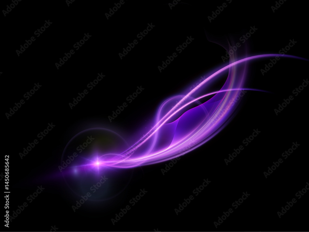 Aufkleber Curved violet light wave with glowing flare and fluid motion on black background. Applied in abstract visuals, luminous overlays, and motion graphic compositions.


