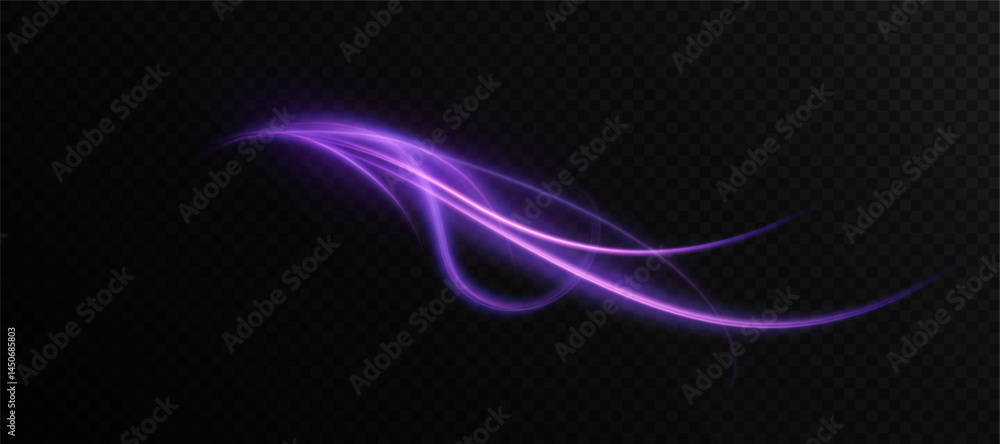 Leinwandbilder Soft glowing purple trail with smooth curve and shining highlight on transparent background. Represents magical comet movement with smooth flow of energy and dreamy glow. Vector