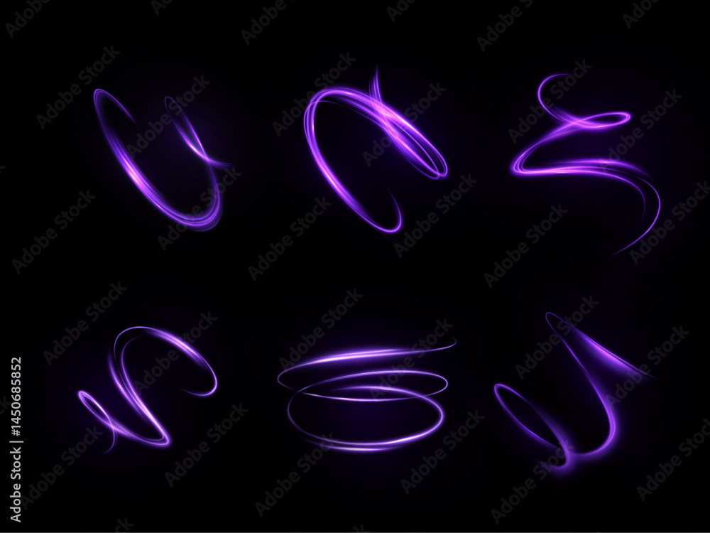 Poster set of glowing purple vortices and light flows with dynamic motion curves on dark background. design