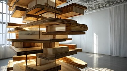 Abstract Contemporary Art Installation with Layered Wooden Blocks in Minimalist Space