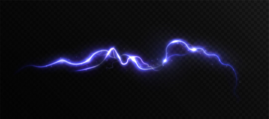 Blue lightning arc with glowing edges and electric current movement on transparent background. Vector light effect using glowing energy flow and science fiction visual style.