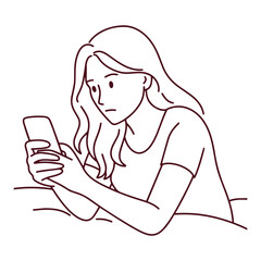 Monochrome black and white illustration of young woman suffering insomnia, lying in bed late at night scrolling social media on smartphone unable to sleep