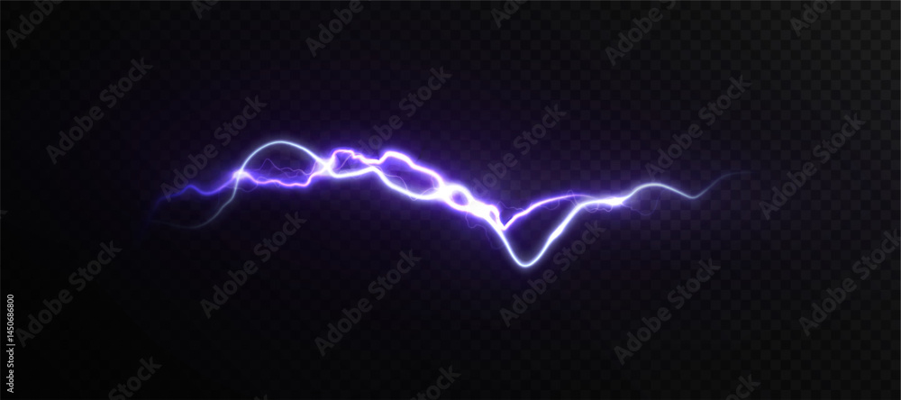 Poster bright electric arc lightning with purple. energy lightning strike with a shimmering splash and glow