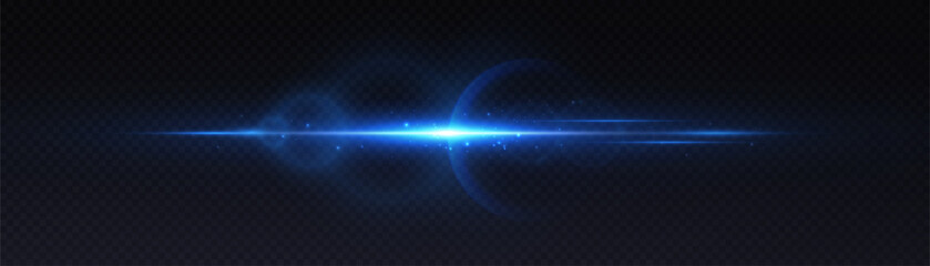 Horizontal blue light burst with glowing core, soft flare and lens effect on dark transparent background. Includes radiant energy beam with subtle digital shimmer.

