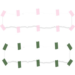 Two torn paper banners with pink and green tape on a black background for text or graphic design